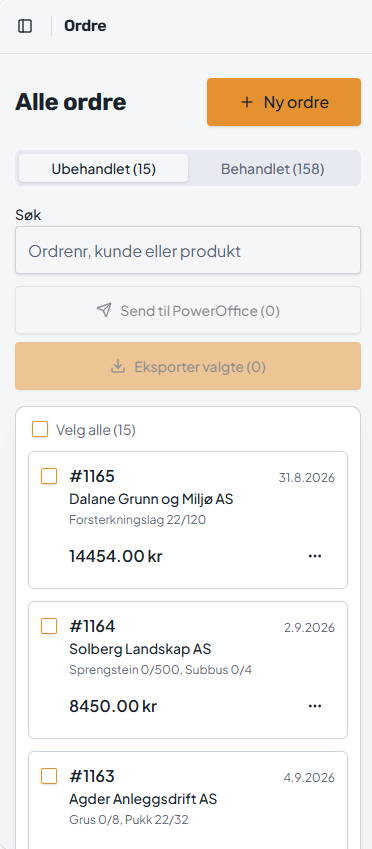 Ordreoversikten i Grusportal på mobil