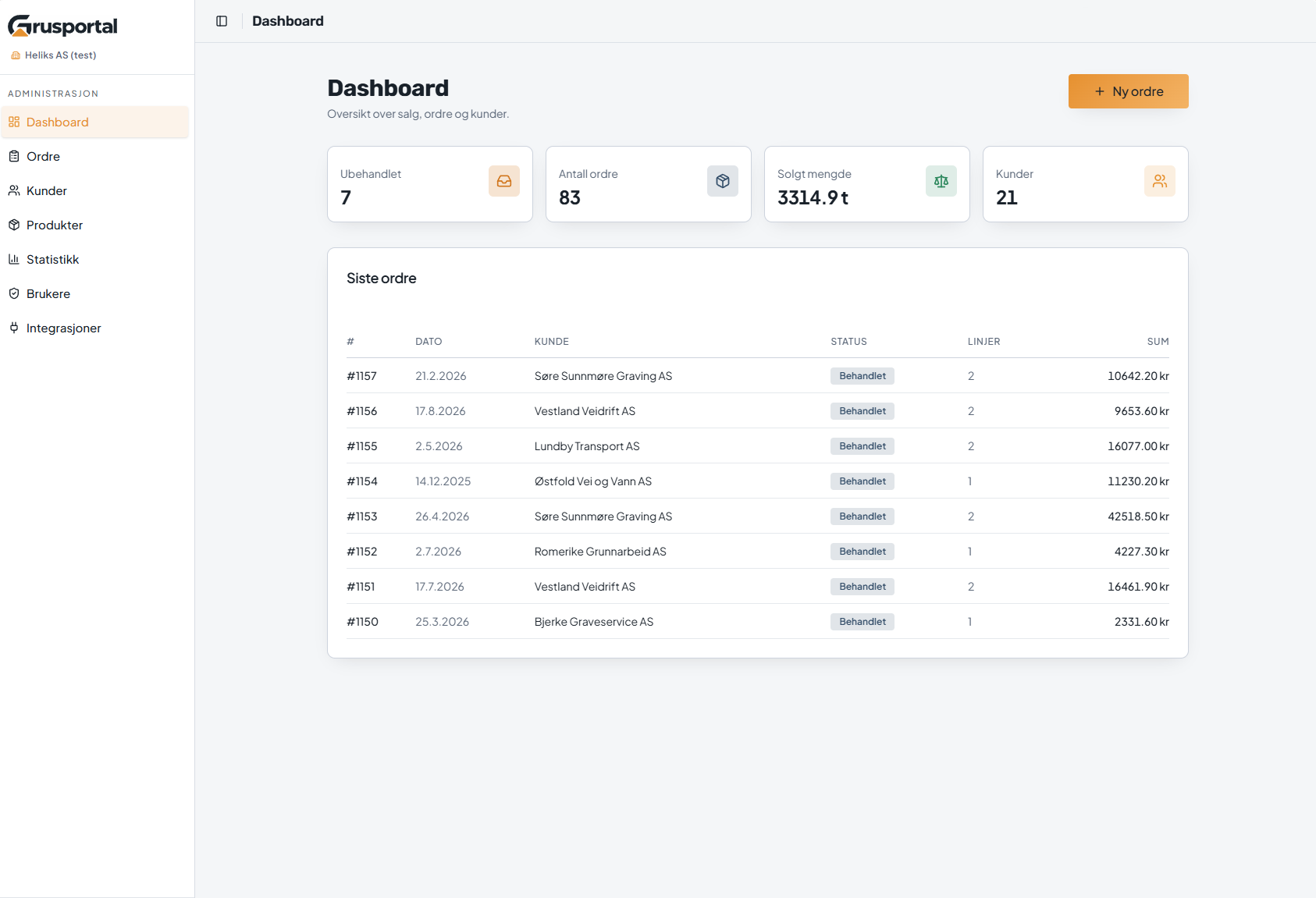Dashboardet i Grusportal med ordreoversikt